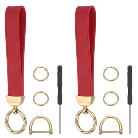 MECCANIXITY Leather Wristlet Keychain Car Key Chain Wristlet for Women, 7 Inch Key Fob Holder with D Ring and 2 Key Ring for Keys Wallets Purse, Gold Tone/Red Pack of 2