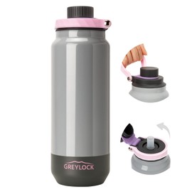 GREYLOCK 32 oz Insulated Water Bottle with Straw Lid, Leakproof Reusable Stainless Steel Vacuum Flask, 24hr Cold & Hot, Carry Handle & Silicone Spout, BPA-Free for Gym, Hiking, Travel, Grey