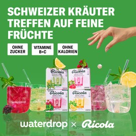 Waterdrop x Ricola - 48 Waterdrop Cubes with Alpine Herbs & Fruits - Raspberry Balm, Cittron Mint, Pomegranate Mint & Lemon Verbena - Water Flavour without Sugar with Vitamins C, B3, B12