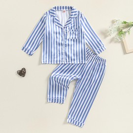 MAINESAKA Toddler Baby Girl Boys Satin Silk Pajamas Set Button Down Shirt Pants Checkerboard Stripe Pjs Fall Winter Sleepwear (B-Blue, 18-24 Months)