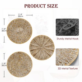 Set of 3 Boho Gold Wall Sculptures Round Wall Decoration Metal Wall Decoration Decorations 3D Metal Pictures Modern Artwork for Home Living Room Dining Room Bedroom Kitchen Corridor (30 cm x 30 cm),