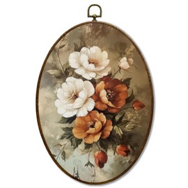 JQF Vintage Floral Oval Wall Decor, Cottagecore Floral Oval Canvas Wall Art, Farmhouse Retro Flower Botanical Framed Prints Hanging Decor for Home Bedroom Living Room Office, 8.5x11.5 Inch