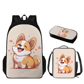 Flashideas Cute Corgi Kids Backpack Set of 3 School Backpack with Lunch Box Pencil Case Portable Lunch Bag Lightweight Casual Daypacks Child Backpacks For School & Travel