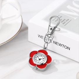 Avaner Carabiner Watch Flowers Pocket Watch with Carabiner: Backpack Buckle Watch FOB Analogue Quartz Movement Clock Hanging Watch for Outdoor Work Studies, red