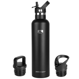 Polarscape Stainless Steel Large Water Bottle with Straw - Large Flask, Includes 3 Lids, 2 Straws, and Straw Brush - Insulated, Narrow Mouth, Double-Walled, BPA Free, Leak Proof - 1L Black