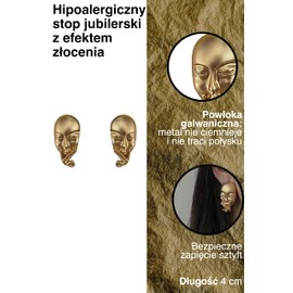 Women's Face Earrings with Gold Effect, 4 cm, 100% Jeweller's Alloy, No Gemstone, 100% jeweller's alloy, No Gemstone