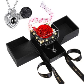 NERCHVO Preserved Real Rose Gift Box with Necklace, Eternal Flowers Rose Birthday Gifts Music Box for Her Mom Wife Grandma Girlfriend on Valentines Mothers Day Christmas Anniversary (Red)
