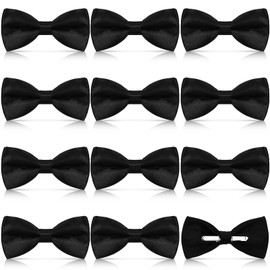 Cutecrop 12 Pieces Clip on Bow Ties for Men Pre Tied Black Solid Clip on Formal Satin Tuxedo Bow Ties in Bulk for Men Costume Wedding Party