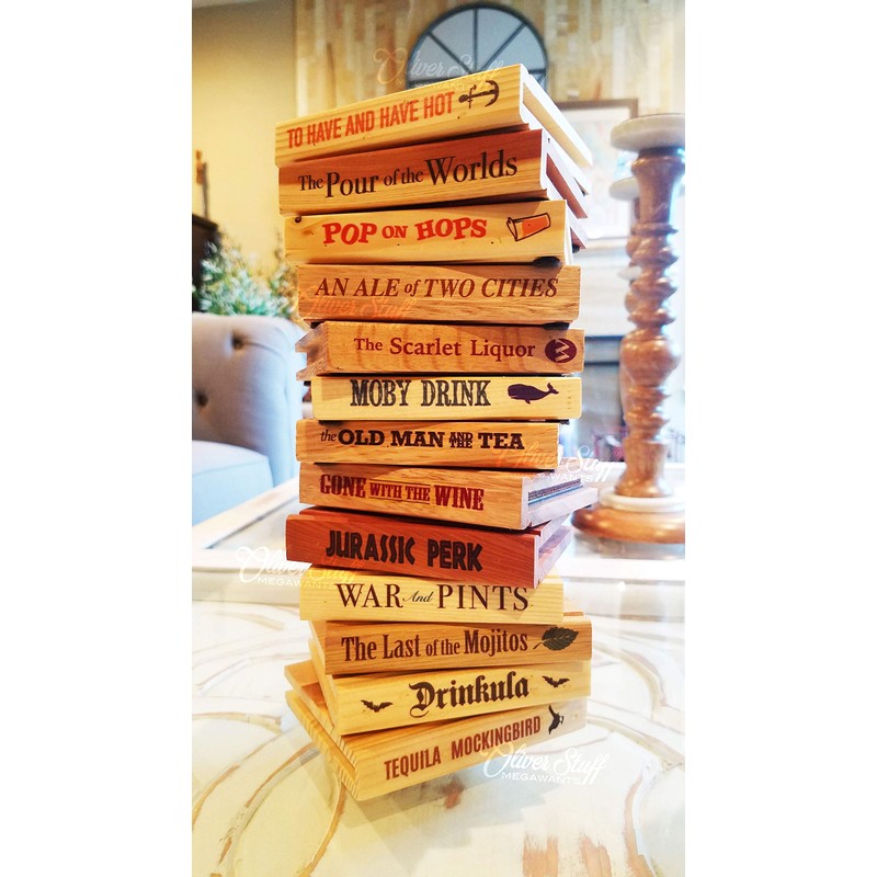 Solid Wood Book Shaped Coasters w/drinking puns