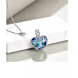 Fashion Jewelry CREMATION URN BLUE HEART TREE MEMORIAL pendant 20" 925 Sterling Silver Necklace
