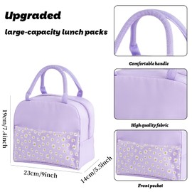OTKARXUS Insulated Lunch Bag for Women,Portable Waterproof Lunch Box Cooler Bag with Daisy Pattern Transparent Pocket,Lunch Bag for Adults Girls Kids School Work Picnic Travel (A Purple)