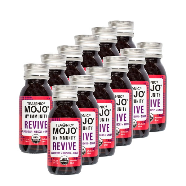 Teaonic My Immunity Mojo: Revive, Herbal Juice, Herbal Supplement with Elderberry, Hibiscus, and Ginger, USDA-Certified Organic, Vegan, Gluten-Free, 12 Packs, 2 Fl. Oz Each