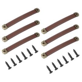 PATIKIL 7" Leather Drawer Pulls with Iron Sheet, 6 Pcs Leather Strap Trunk Handle Cabinet Knobs Hardware Replacement with 18mm Screws for Dresser Door Suitcase Luggage, Light Brown