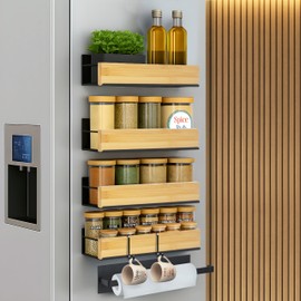 ARIBAGGI 4 Pack Magnetic Spice Rack for Refrigerator – Strong Magnetic Shelf for Fridge, 4 Large Spice Organizers, Paper Towel Holder & 8 Hooks – Kitchen Storage by Home Haven.