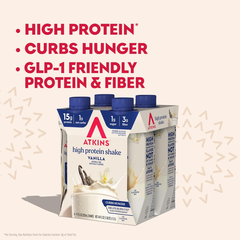 Atkins Creamy Vanilla High Protein Shake, 15g Protein, Low Glycemic,