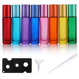 Frogetu Pack of 8 10 ml Essential Oils Roller Bottles, Colourful Rollon Bottles with Opener, Dropper, Funnel, Colourful Roll On Bottle Empty with Stainless Steel Roller Ball, for Essential Oils,