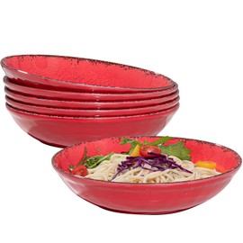 ZAROCRUS Farmhouse Melamine Pasta Bowls Set of 6, 42 OZ Large Serving Bowls Set, 9.25 inch Ramen Bowls,Wide and Shadow Rustic Red Round Dinner Bowl, Fruit bowl, Noodle Bowl, Salad Bowl Set, Red…