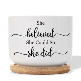 DecStic She Believed, She Could, So She Did Planter Ceramic Bible Verse Round Plant Pots with Drainage Holes and Bamboo Tray Pot for Home Desktop Office Windowsill