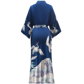 BestWendding Women's Satin Kimono Robes Floral Patterned Long Bathrobe Silky Dressing Gown Bridesmaid Robes with 2 Pockets, Crane Navy M