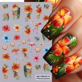 Summer Nail Stickers Flower Palm Coconut Tree Nail Decals 4PCS 3D Self-Adhesive Summer Tropical Ocean Nail Art Supplies Flower Stickers for Nails Slider Manicure Accessories DIY Nail Decorations