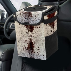 GACTIVITY Western Brown Cow Print Car Trash Can with Lid Collapsible Reusable Waterproof Car Garage Bag,Automotive Garbage Can,Car Accessories Interior Car Organizer