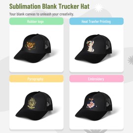 10 PCS Sublimation Blank Trucker Hats, Plain Blank Baseball Caps Adjustable Back Strap, Unisex Sublimation Blank Mesh Baseball Cap Men Women Polyester Plain Trucker Hat DIY Custom, Solid Black