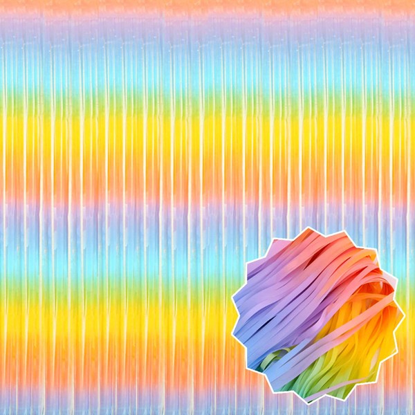6 Pack Light Rainbow Foil Fringe Curtains Backdrop, 3.28 x