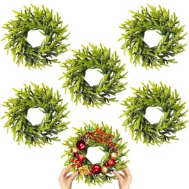 6 Pcs Christmas DIY Gree Wreath 10 Inch Christmas Green Artificial Wreaths DIY Faux Plain Wreaths Front Door Christmas Green Farmhouse Cabinets Wreath Indoor Outdoor Wall Decor(Pine Needle)