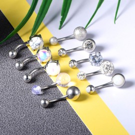 VCMART 8-10pcs Belly Button Rings 8mm Navel Bars Set Stainless Steel 14G Silver Rosegold Piercing Opal Crystal