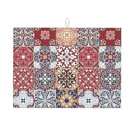 Retro Bohemian Dish Drying Mat 18"x24"Microfiber Absorbent Fast Dry Mat for Kitchen Counter Coffee Bar Artistic Boho Grid Large Drying Mat Kitchen Decor Gifts (Boho, 18x24 inches)