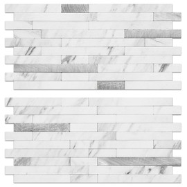 AULIGET Faux Stone Peel and Stick Backsplash, PVC Mixed Metal Wall Tiles Stick on Backsplash (2, White Marble Look)