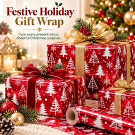 Red Christmas Wrapping Paper Roll for Holiday Gifts – Shiny Metallic Tree & Snowflake Design, 17 In × 33 Ft