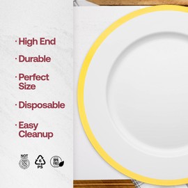 Smarty Had A Party 30 White with Gold Rim Round Disposable Plastic Charger Plates 13" Disposable Plastic Plates for Party, Weddings, Catering