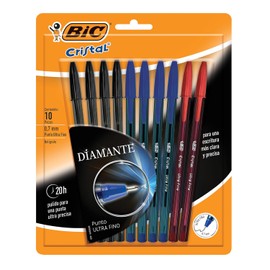 BIC, Bolígrafo de Punto Ultra Fino, Diamante, Escritura Clara y Precisa, 20h de Pulido para una Punta Ultra Precisa, Surtido de Tintas Clásicas, 10 Piezas, Negro, Azul y Rojo