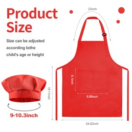 Morcheiong Kids Chef Hat and Apron Set, Adjustable Red Children's Painting Apron and Chef Hat with 2 Large Pocket for Kids Cooking Painting Baking Activity