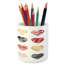 Ambesonne Romance Pencil Pen Holder, Hand Drawn of Heart Love Valentines Wedding Theme Print, Printed Ceramic Pencil Pen Holder for Desk Office Accessory, Pale Coffee Black Red