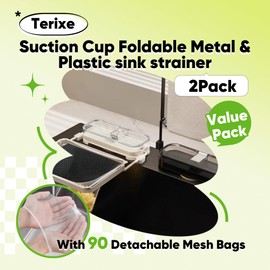 Terixe 2 Pack Suction Cup Foldable Metal & Plastic Sink Strainer with 90 Detachable Mesh Bags，Foldable Basket for Kitchen Sink Accessories, Food Catcher & Drain Strainer Basket(Milky White & Black)