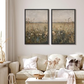 MUDECOR Framed Canvas Print Wall Art Set Golden Meadow Wildflowers Rustic Floral Field Landscape Illustrations Modern Art Decorative Bohemian Zen for Living Room, Bedroom, Office - 24"x36"x2 Black