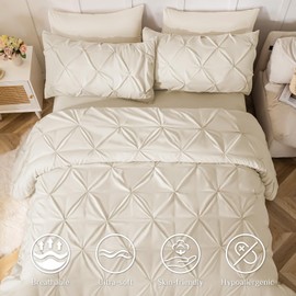 JOLLYVOGUE Queen Comforter Set 7 Pieces - Bed in a Bag Queen for All Season, Pintuck Bedding Comforter Sets with Comforter, Flat Sheet, Fitted Sheet and Pillowcases & Shams, Beige