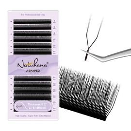 Natuhana 2D U Shape Lash Extensions Easy Fan Russian Volume UU Eyelash C/D Curl 0.07mm Natural Y Shaped 12 Rows Premade Eye Lashes Supply(Black,0.07C,8-14mm)