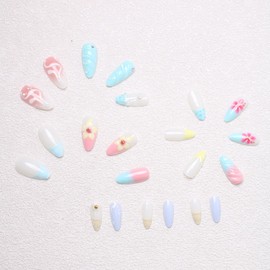 SINHOT Almond Press on Nails Medium - 3D Blue Shell Fake Nails Glossy Glue on Nails White Pearls Nails 3D Handmade Swirl Stiletto Artificial Nails Stick on False Nails with Design DIY 24 pcs