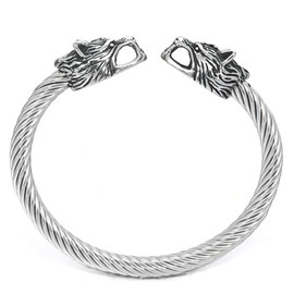 BAVIPOWER Nordic Fenrir Wolf Heads Odin Raven Dragon Serpent Stainless Steel Bracelet Strong Pagan Jewelry Protection For Men Women (Wolf Heads 2)