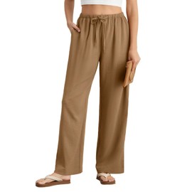 Feiersi Women's Casual Pants Drawstring Elastic Waist Pants Flowy Wide Leg Beach Trousers with Pockets(Khaki,Medium)