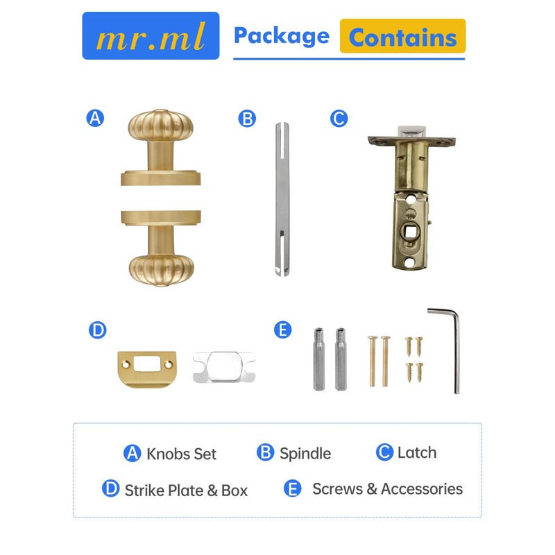 MRML Brushed Gold Passage Door Knob, Interior Closet Pantry Hallway