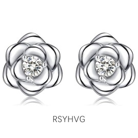RSYHVG Silver Stud Earrings for Women Girls, Rose Flower Sterling Silver Studs Earrings with Shiny Cubic Zirconia│White Gold Plated Dainty Romantic Earrings Jewellery Gifts