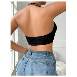 GORGLITTER Women's Floral Lace Front Fastening Bras Halter Deep V Neck Sexy Wireless Bralettes Black Small