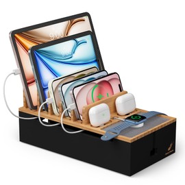 Pezin & Hulin Cord Organizer Box, Surge Protector Organizer, Device Charger Station for Phones & Tablets, Wood Charging Dock, BUT NO Power Supply - Natural + Black