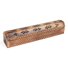 Wooden Coffin Incense Stick Cone Burner Holder Stand with Storage Compartment Ash Catcher Hand Carved, Incense Stick Stand, Stick Holder, Incense Burners - Burnt Color - 12"x2.25"x2.75"
