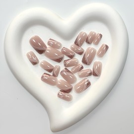 Valentine's Day Press on Nails Short White Heart Fake Nails with Line Design Glitter Full Cover Acrylic Medium False Nails Valentine's Day Heart Glue on Nails Stick on Nails for Women and Girls 24Pcs