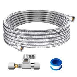 Refrigerator Water Line Kit - 10FT Stainless Steel Braided Ice Maker Water Line with Brass Ball Valve,Foodgrade PEX Inner Hose Fridge Water Line with 1/4" Comp Fitting and 1/4" Comp Valve